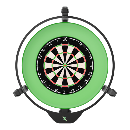 Das Bild zeigt ein elektronisches Punktesystem für Darts, das Scolia Home 2. Es besteht aus einem Dartboard mit einem leuchtenden grünen Ring rundherum.