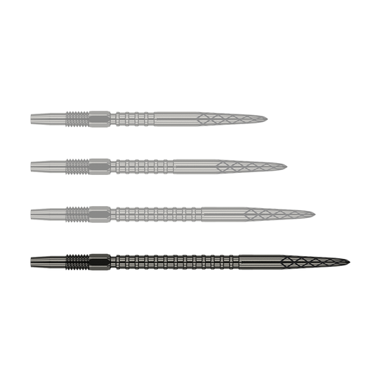 Groty do lotek Target Swiss DS Surge Point - czarne Das Bild zeigt vier schwarze Dartspitzen, die nebeneinander ausgerichtet sind. Jede Spitze hat ein geriffeltes und gemustertes Design entlang des Schafts.