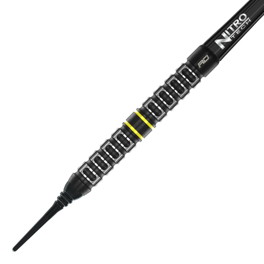 Softdarts Parallel Red Dragon Astraeus Q4X - 20g Dies ist ein Red Dragon Astraeus Q4X Parallel Softdart mit einem Gewicht von 20g. Der Dart hat ein schwarzes Design mit gelben Akzenten und einer markanten Griffstruktur.