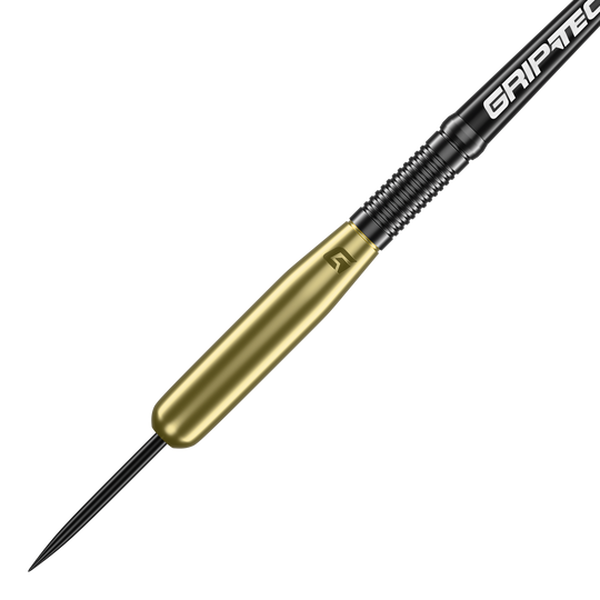 Das Bild zeigt einen GOAT Homerun Baseball Brass Steeldart mit einem Gewicht von 15g. Der Dart hat einen goldfarbenen Messingkörper und eine schwarze, spitze Spitze.
