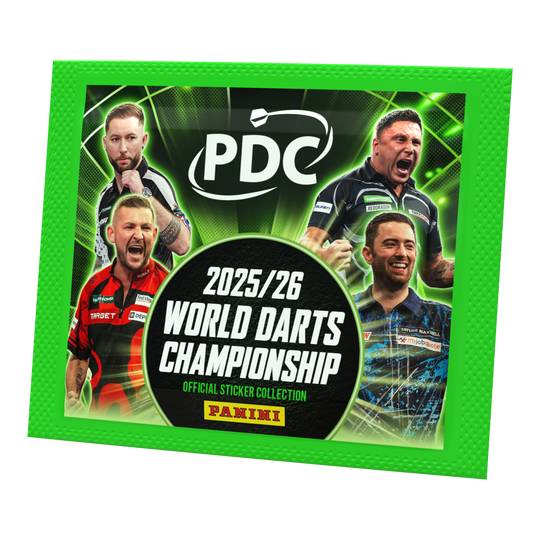 Panini PDC World Darts Championship 2025/26 - Sticker Pack. Die Packung enthält Sticker für das Sammelalbum der Darts-Weltmeisterschaft.