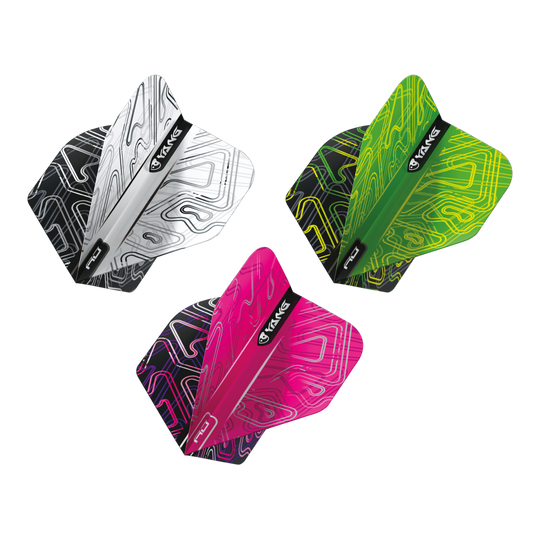 Das Bild zeigt drei verschiedenfarbige Dartflights aus dem "Red Dragon Yin Yang Flight Multipack". Die Flights sind in den Farben Schwarz-Weiß, Grün-Schwarz und Pink-Schwarz gestaltet.
