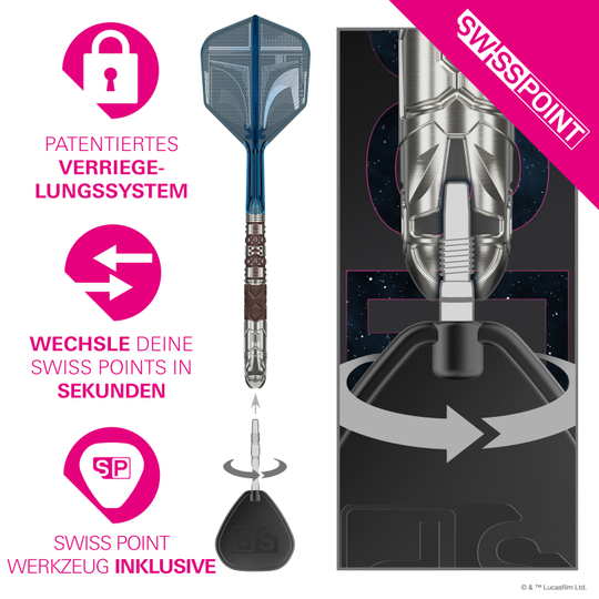 Rzutki stalowe Target Star Wars Mandalorian 95 Swiss Point Das Bild zeigt die Target Star Wars Mandalorian 95 Swiss Point Steeldarts. Es handelt sich um hochwertige Steeldarts mit einem Mandalorian-Design.