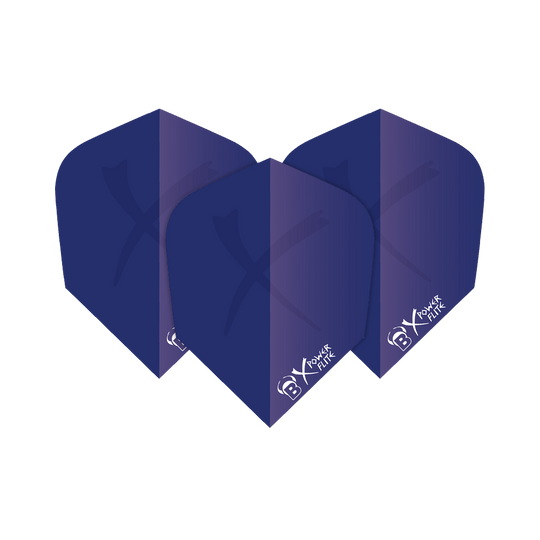 Das Bild zeigt drei dunkelblaue Dart-Flights des Modells "Bulls X Power Blau No6". Auf jedem Flight ist ein dezentes X sowie das Markenlogo in Weiß zu sehen.