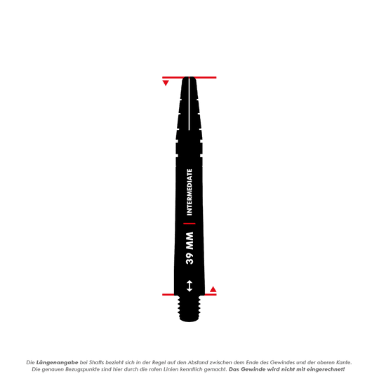 C798_Red_Dragon_Nitrotech_Peter_Wright_Shafts_Schwarz_5_39mm Das Bild zeigt einen schwarzen Red Dragon Nitrotech Peter Wright Shaft mit einer Länge von 39 mm. Die Länge wird von der Oberkante bis zum Ende des Gewindes ohne das Gewinde gemessen.