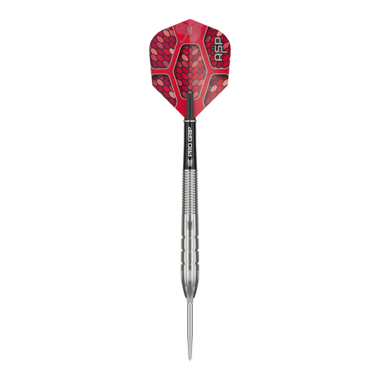 Stalowe lotki Target Nathan Aspinall GEN1 Swiss Point Das Bild zeigt einen Target Nathan Aspinall GEN1 Swiss Point Steeldart. Der Dart hat eine silberne Spitze und einen roten Flight mit Schuppenmuster.