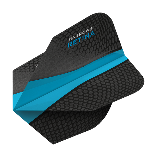 Das Bild zeigt ein Harrows Retina Aqua No6 Dart-Flight. Es ist überwiegend schwarz mit einem auffälligen blauen Streifen in der Mitte.