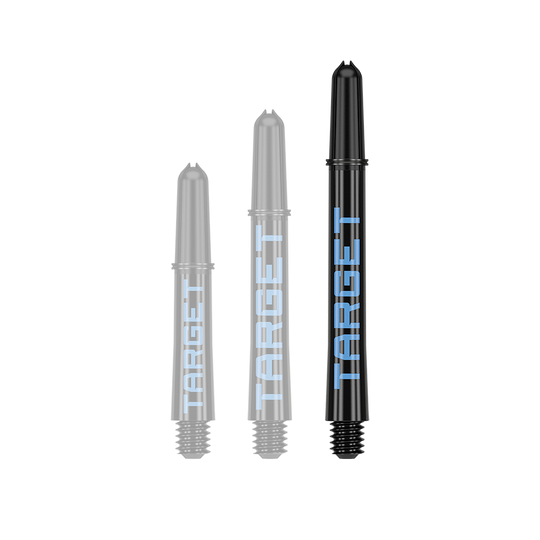 Wałki Target Pro Grip TAG – 3 zestawy – czarno-niebieskie Auf dem Bild sind drei schwarze Dart-Schäfte in verschiedenen Längen zu sehen. Auf jedem Schaft steht das Wort "TARGET" in blauer Schrift.