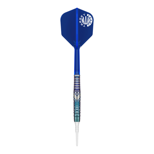 Target Japan Cathy Leung Charis GEN5 Soft Darts - 19g Das Bild zeigt einen Softdart mit einem blauen Flight und silber-blau gemustertem Griff. Es handelt sich um das Produkt "Target Japan Cathy Leung Charis GEN5 Softdarts - 19g".