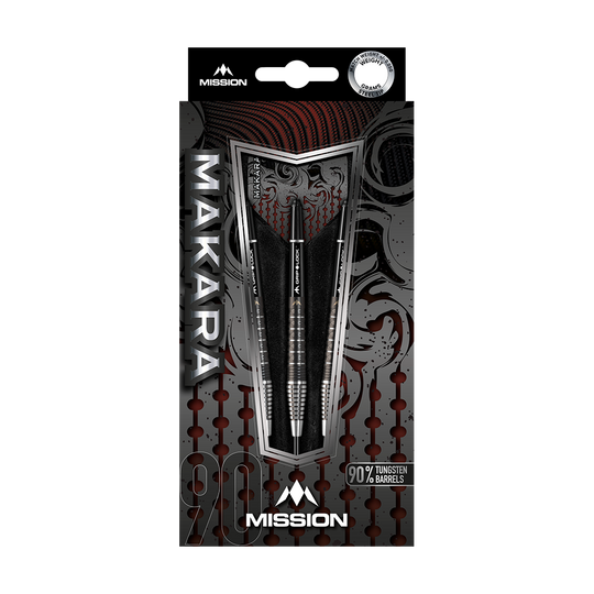 Das Bild zeigt die Verpackung der Mission Makara M2 Steeldarts mit einem Gewicht von 23 Gramm. Die Darts bestehen zu 90 % aus Tungsten und sind ansprechend gestaltet.