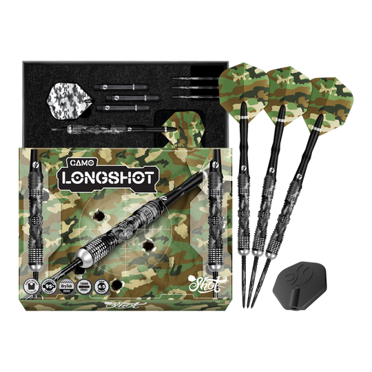 Shot Camo Longshot Turbo Point Steeldarts - 23g Das Bild zeigt Shot Camo Longshot Turbo Point Steeldarts - 23g in voller Ansicht. Mehrere Darts sind aufgereiht.