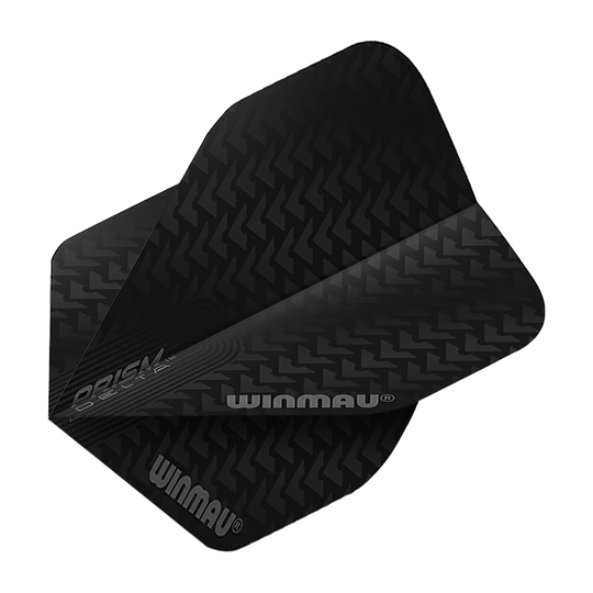 6915-200_Winmau_Prism_Delta_6915-200_Standard_Flights_2 Das Bild zeigt die Winmau Prism Delta 6915.200 Standard-Flights in Schwarz mit einem Pfeilmuster. Auf den Flights ist der Markenname "Winmau" zu sehen.