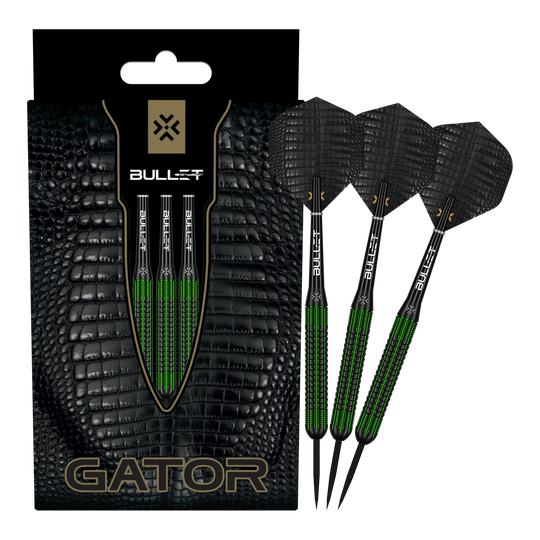 Lotki Bullet Gator Brass Steel Darts - 22g Zu sehen sind die Bullet Gator Brass Steeldarts - 22g in voller Ansicht. Sie sind aus Messing gefertigt und wiegen 22 Gramm.
