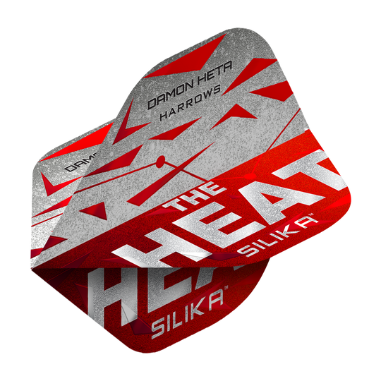 Loty Harrowa Silika Damona Hety z serii 3 Das Bild zeigt die Harrows Silika Damon Heta Series 3 Flights. Die Flights sind überwiegend in Rot, Grau und Weiß gestaltet und tragen den Schriftzug "THE HEAT" sowie den Namen "DAMON HETA".