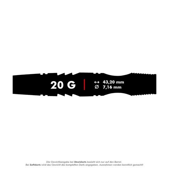 Miękkie lotki Winmau Sniper Black - 20g Das Bild zeigt den Winmau Sniper Black Softdart mit einem Gewicht von 20 Gramm. Die Länge beträgt 43,20 mm und der Durchmesser 7,16 mm.
