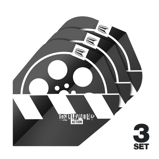 Das Bild zeigt drei Sets der Target Pro Ultra Chris Dobey Hollywood Action No6 Flights. Die Flights haben ein schwarz-weißes Design mit einem Filmrollen- und Klappenmotiv sowie dem Schriftzug "Hollywood Action".