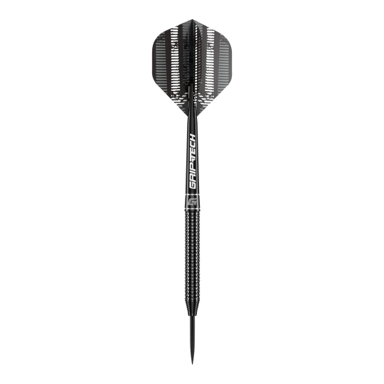 Lotki GOAT Sprocket ze stali wolframowej Das Bild zeigt einen einzelnen GOAT Sprocket Tungsten Steeldart. Der Dart hat ein modernes, schwarzes Design mit dem Schriftzug "GRIPTECH" auf dem Schaft.