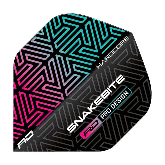 TF6822_Red_Dragon_Hardcore_Peter_Wright_Snakebite_Black-Rainbow_Standard_Flights_1Olt2roLBVEour Dieses Bild zeigt ein Dartflight mit einem schwarzen, regenbogenfarbenen Muster. Auf dem Flight stehen die Wörter "Snakebite", "Hardcore" und "Pro Design".