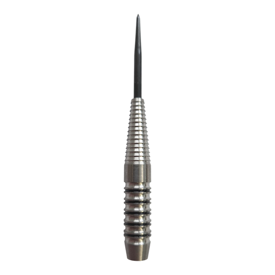 Das Bild zeigt die McDart Black Ring Shark Steeldart-Barrels mit einem Gewicht von 24g. Die Oberfläche ist besonders griffig gestaltet.
