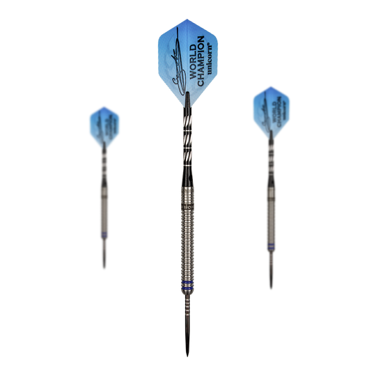 Mistrz Świata Jednorożców Gary Anderson Faza 3 Steeldarts Auf dem Bild sind drei Steeldarts des Produkts "Unicorn World Champion Gary Anderson Phase 3" zu sehen. Die Flights der Darts sind blau und mit einer Unterschrift sowie der Aufschrift "WORLD CHAMPION unicorn" bedruckt.