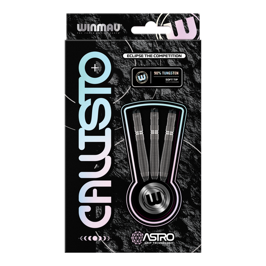 Die Abbildung zeigt die Verpackung der "Winmau Callisto 02 Softdarts - 20g". In der Packung sind drei Softdarts mit 90 % Tungsten und Astro Grip Technologie zu sehen.