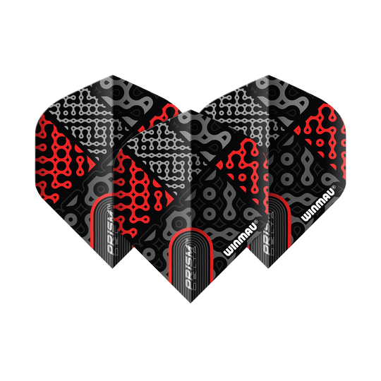 Das Bild zeigt drei Dart-Flights des Produkts "Winmau Prism Delta Cypher No2 Standard Flights". Die Flights sind in Schwarz, Rot und Grau mit auffälligen, geometrischen Mustern gestaltet.