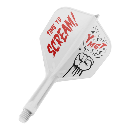 Target Japan K-Flex Scream No6 System wału lotniczego Das Bild zeigt eine Dartflügel- und Schaftkombination in Weiß mit roter und schwarzer Beschriftung. Auf dem Flügel steht "TIME TO SCREAM!" zusammen mit einer gezeichneten Faust und einigen Sternen.