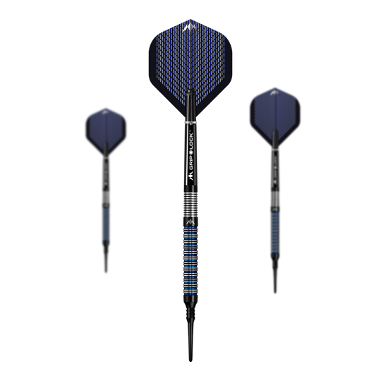 Das Bild zeigt drei Softdarts des Modells "Mission Nightfall Model 1". Die Darts haben schwarze Spitzen, blaue Flügel und einen silber-blau gestreiften Griff.