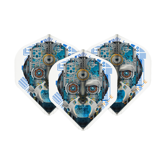 Loty L1EZ w stylu L Berry Van Peer V3 Clear White Das Bild zeigt drei Dartflights mit einem futuristischen Roboter-Design in Blau- und Grautönen. Die Flights sind von der Marke L-Style und heißen "Berry Van Peer V3 Clear White L1EZ".