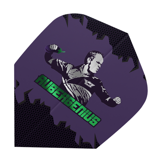 Das Bild zeigt ein Dartflight mit einem schwarz-weißen Portrait einer Person auf lila Hintergrund. Darunter steht in grüner Schrift das Wort "AUBERGENIUS".