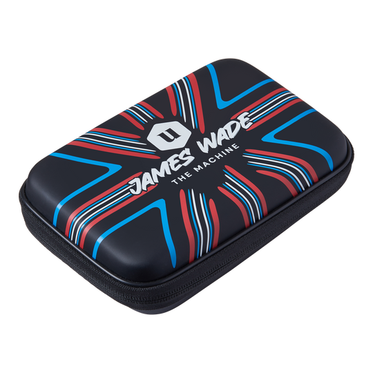 Unicorn Ultra portfel James Wade Dart Das Bild zeigt ein Dartwallet mit dem Aufdruck "James Wade The Machine". Das Etui ist schwarz mit roten, blauen und weißen Designelementen.
