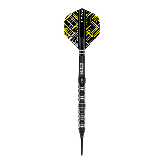 Softdarts Parallel Red Dragon Astraeus Q4X - 20g Das Bild zeigt einen Red Dragon Astraeus Q4X Parallel Softdart mit einem Gewicht von 20g. Der Dart hat schwarze und gelbe Designelemente und eine strukturierte Griffzone.