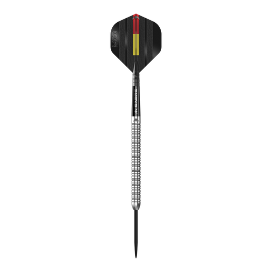 Das Bild zeigt einen einzelnen silbernen Steeldart namens "Mission Mike De Decker MDD Silver Steeldarts". Der Dart hat ein schwarz-gelbes Flight-Design und eine geriffelte silberne Barrel.