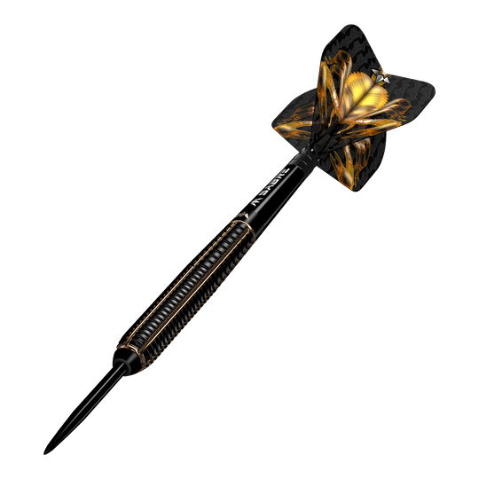 Das Bild zeigt einen Mission Scorpion Steeldart mit schwarzem Schaft und goldenen Akzenten. Die Flights haben ein auffälliges, gelb-schwarzes Design mit einem Skorpion-Motiv.