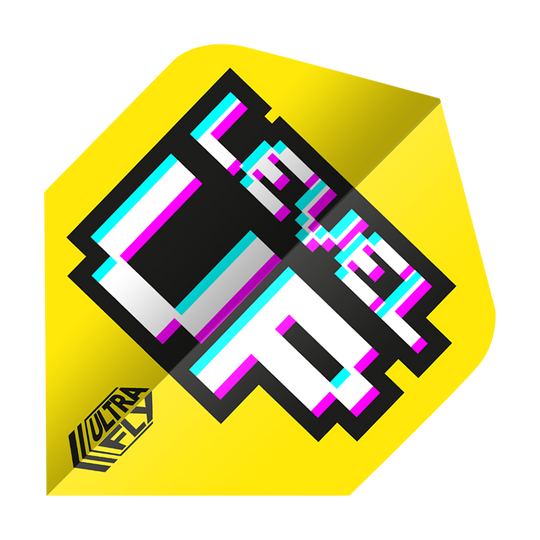 Das Bild zeigt einen gelben Dartflight mit dem Aufdruck "Level Up" in pixelartiger Schrift. In der Ecke steht das Logo "ULTRAFLY".