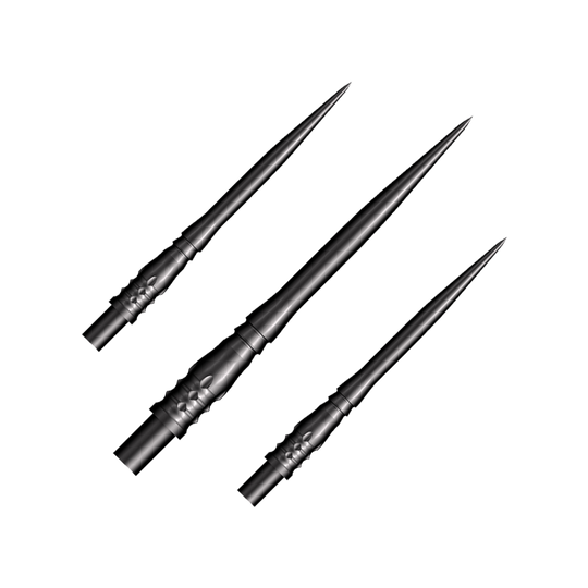 Końcówki do rzutek Shot Cone Rocket Steel - czarne - 35 mm Das Bild zeigt drei schwarze Steeldart-Spitzen des Modells "Shot Cone Rocket" mit einer Länge von 35 mm. Die Spitzen sind schlank, spitz zulaufend und haben ein filigranes Design.