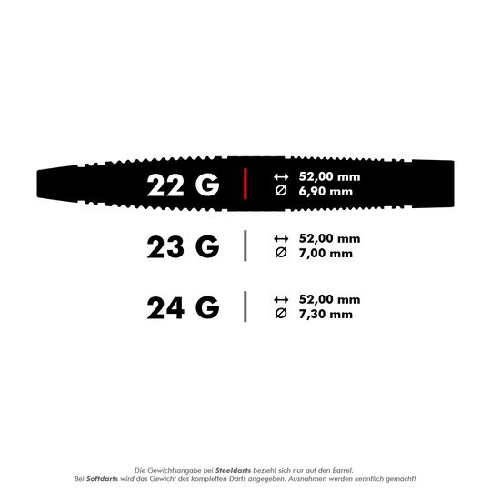 Stalowe lotki Target Scope 04 Swiss Point Das Bild zeigt verschiedene Größen von Steeldart-Barrels mit Gewichten von 22 g, 23 g und 24 g. Die Abmessungen in Millimetern für Länge und Durchmesser sind jeweils angegeben.