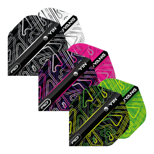 Das Bild zeigt das Produkt "Red Dragon Yin Yang Flight Multipack" mit vier unterschiedlich farbigen Dartflights. Jede Flight hat ein modernes Linienmuster und ist mit den Worten "Yin Yang" bedruckt.