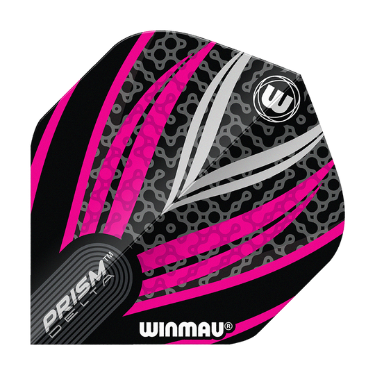 Winmau Prism Delta Czarno-Biało-Różowy Nr 2 Standardowe Loty Das Bild zeigt ein Winmau Prism Delta Dart Flight in den Farben Schwarz, Weiß und Pink. Das Flight hat ein modernes Muster mit Linien und dem Winmau-Logo darauf.