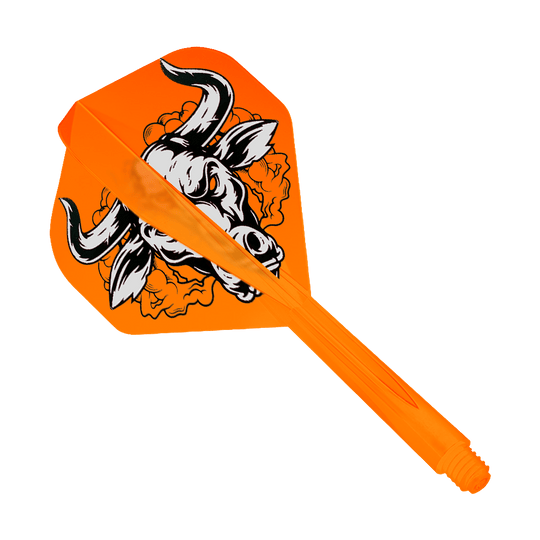 Standardowy system lotu Condor Axe Aussie Bull Orange Auf dem Bild ist ein orangefarbenes Dartflight-System mit einem auffälligen Bullen-Design zu sehen. Das Produkt heißt "Condor Axe Aussie Bull Orange Flight-System Standard".