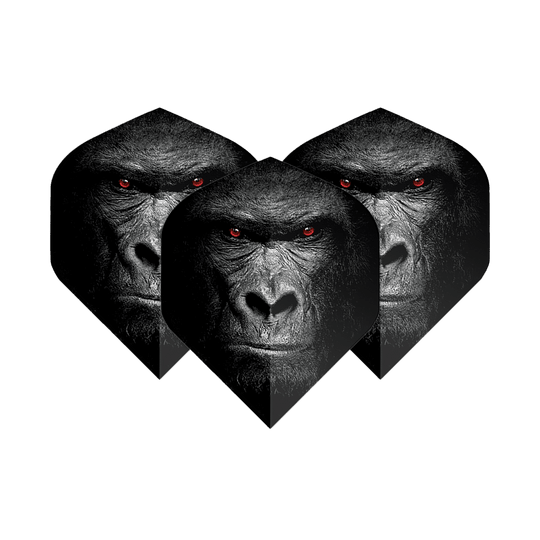 Pentathlon Flights Gorilla Das Bild zeigt drei Dart-Flights mit dem Gesicht eines Gorillas und leuchtend roten Augen. Die Flights sind das Produkt "Pentathlon Gorilla No2 Standard Flights".