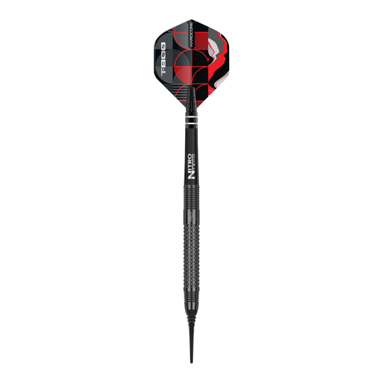 Miękkie lotki Red Dragon T-800 - 20g Das Bild zeigt einen Red Dragon T-800 Softdart mit einem Gewicht von 20g. Der Dart ist schwarz mit roten und weißen Designelementen auf dem Flight.