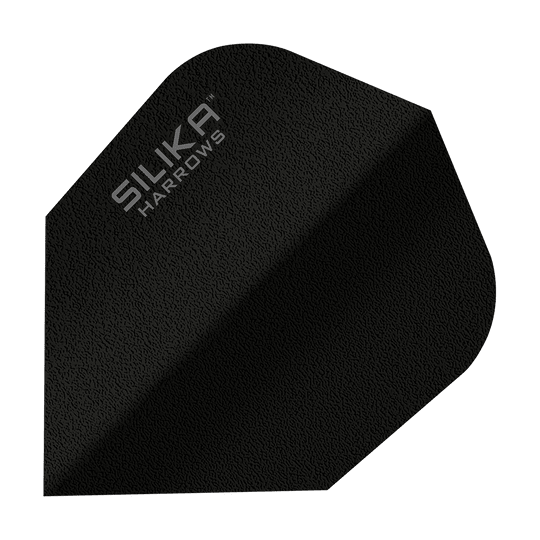 Harrows Solidna, wytrzymała, krystaliczna powłoka krzemionkowa, czarna, lot nr 6 Das Bild zeigt einen schwarzen Dartflight mit der Aufschrift "SILIKA HARROWS". Es handelt sich um das Modell "Silika Solid Tough Crystalline Coating Black No6".