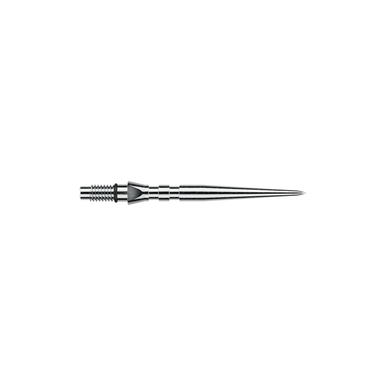 Stalowe groty do lotek Winmau Switch Point Groove – efekt srebrny Das Bild zeigt silberfarbene Steeldartspitzen mit Rillen, vermutlich 'Switch Point Groove Silver Effect' und 26mm lang. Die Spitzen sind für Steeldarts vorgesehen.
