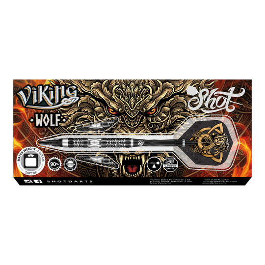 Miękkie lotki Shot Viking Wolf - 20g Das Bild zeigt das Produkt "Shot Viking Wolf Softdarts - 20g" mit einem dekorativen Wolfdesign im Hintergrund. Die Verpackung hebt die Merkmale des Softdarts hervor, darunter das Gewicht von 20 Gramm und die hochwertige Verarbeitung.