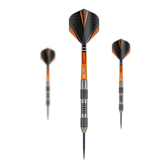 Rzutki stalowe Red Dragon Amberjack 5 - 24g Das Bild zeigt die Steeldarts "Red Dragon Amberjack 5" mit einem Gewicht von 24g. Die Darts sind überwiegend orange und schwarz mit silbernen Details gestaltet.