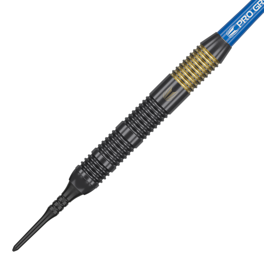 Target Josh Rock Brass Soft Darts - 18g Das Bild zeigt einen Target Josh Rock Brass Softdart mit einem Gewicht von 18 Gramm. Der Dart hat einen schwarz-goldenen, gerillten Griff und eine blaue Flight-Halterung.