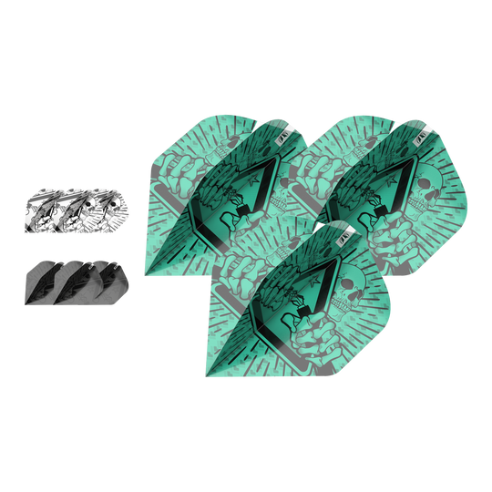 Das Bild zeigt drei Sets von Rob Cross No2 Standard Flights für Dartpfeile. Die Flights sind in verschiedenen Farben und mit einem auffälligen Totenkopf-Design bedruckt.