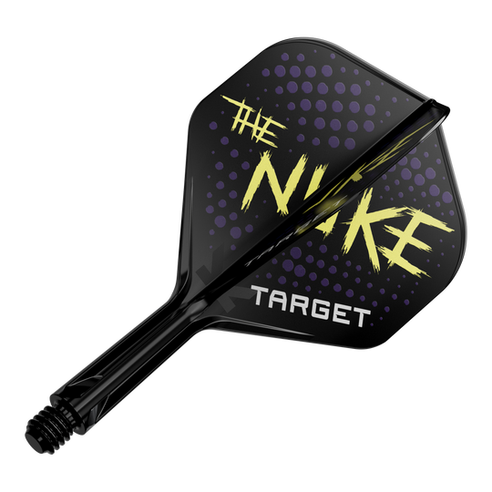 Target K-Flex Luke Littler Black No2 Standard Flight System Auf dem Bild ist ein schwarzes Dart-Flight mit dem Schriftzug "THE NUKE" und "TARGET" zu sehen. Das Design zeigt außerdem lila Punkte im Hintergrund.