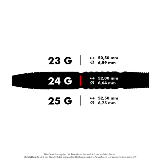 Das Bild zeigt drei verschiedene Steeldarts mit den Gewichten 23 g, 24 g und 25 g sowie deren jeweilige Maße. Die Maße für Länge und Durchmesser sind für jedes Gewicht angegeben.